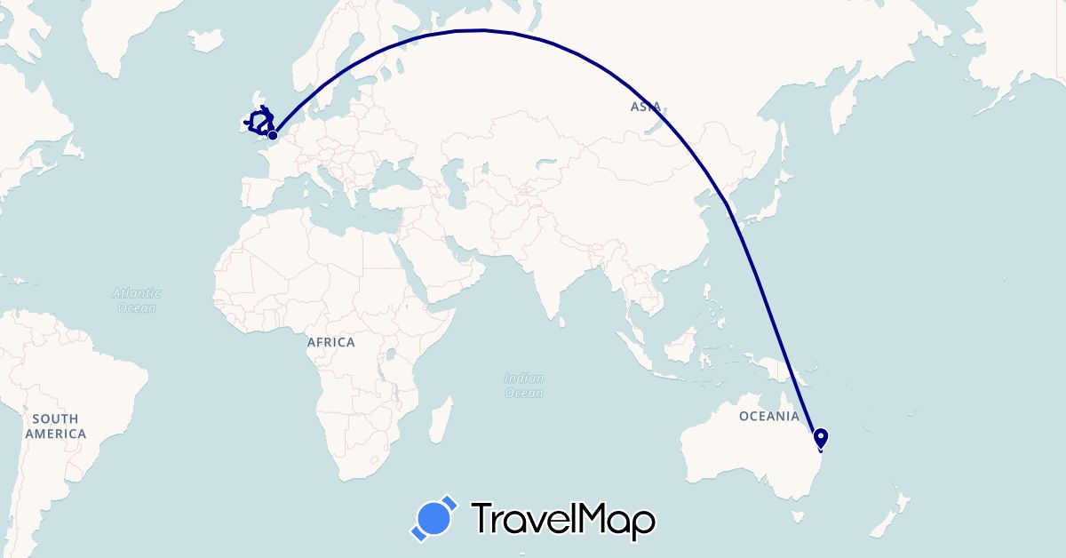 TravelMap itinerary: driving in Australia, United Kingdom, Ireland, South Korea (Asia, Europe, Oceania)